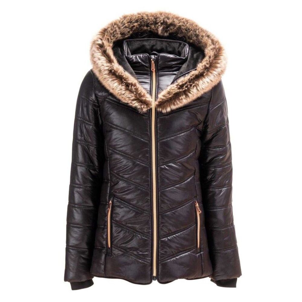 Firetrap Girls Luxe Bubble Faux Fur Hood Puffer Jacket / Black